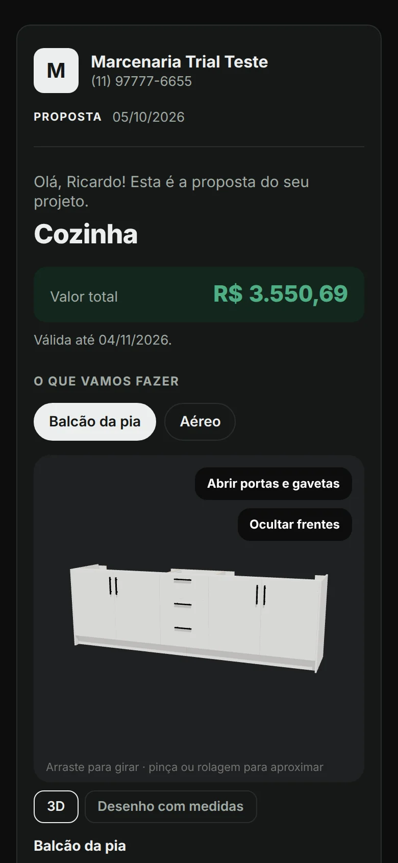 Proposta aberta no celular do cliente, com 3D e botão de aprovar