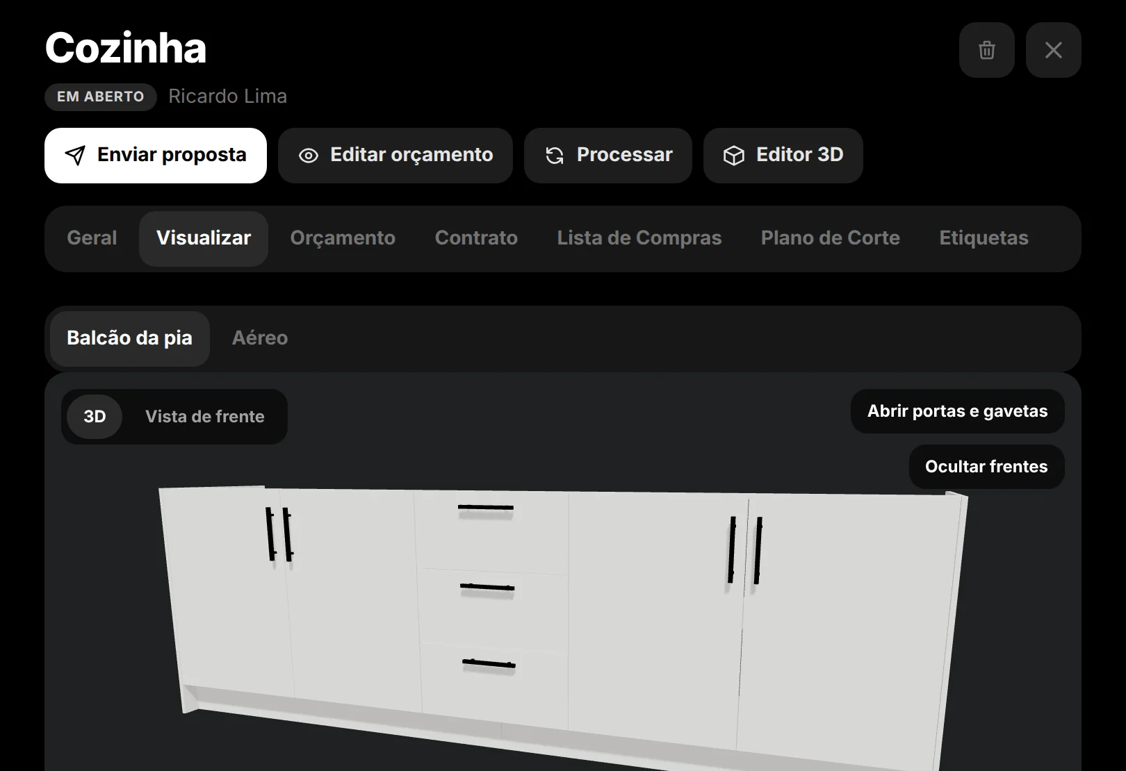 Projeto 3D do balcão de cozinha com portas e gavetas